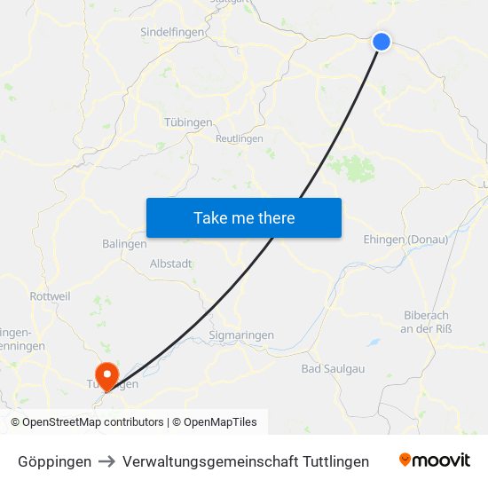 Göppingen to Verwaltungsgemeinschaft Tuttlingen map