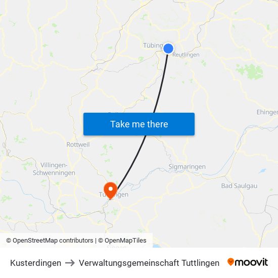 Kusterdingen to Verwaltungsgemeinschaft Tuttlingen map