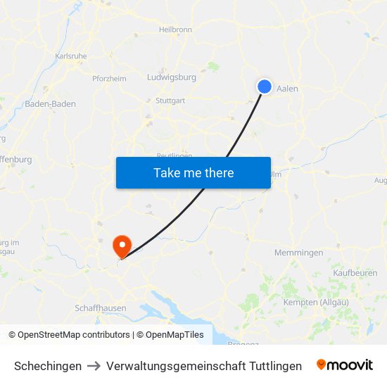 Schechingen to Verwaltungsgemeinschaft Tuttlingen map