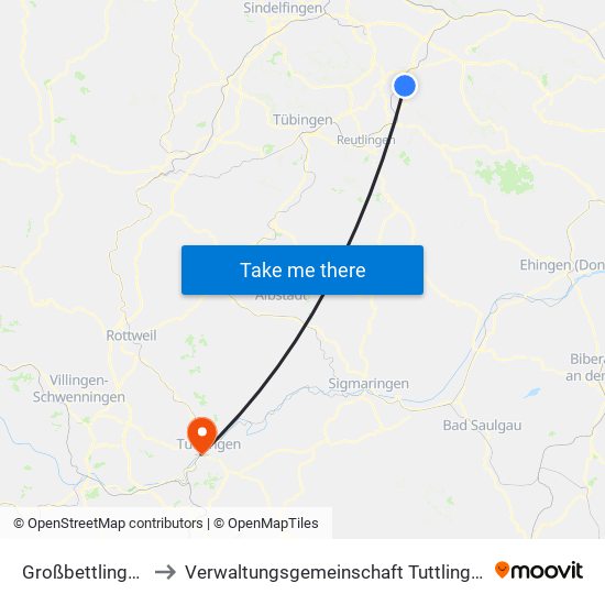 Großbettlingen to Verwaltungsgemeinschaft Tuttlingen map