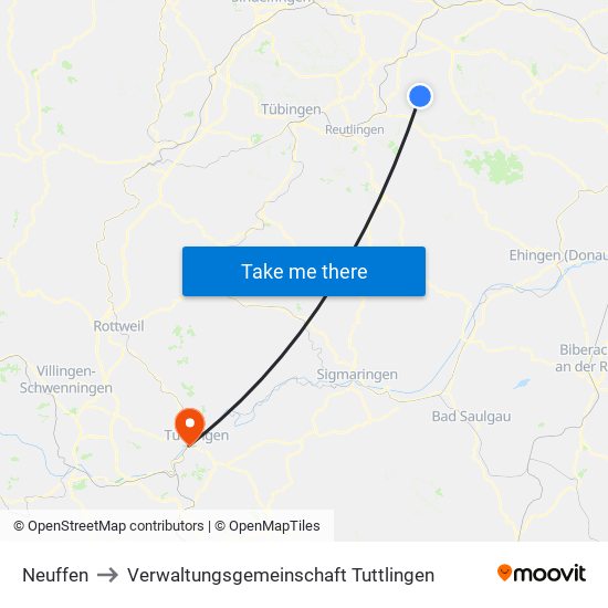 Neuffen to Verwaltungsgemeinschaft Tuttlingen map