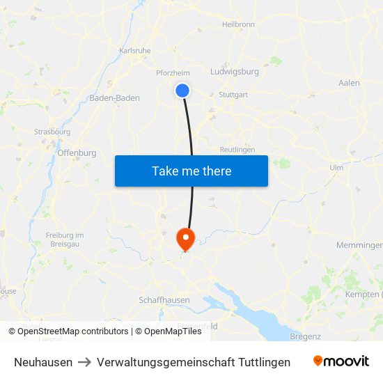 Neuhausen to Verwaltungsgemeinschaft Tuttlingen map