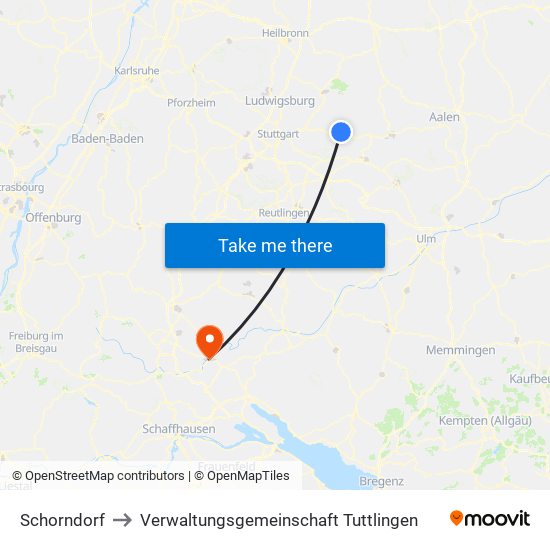 Schorndorf to Verwaltungsgemeinschaft Tuttlingen map