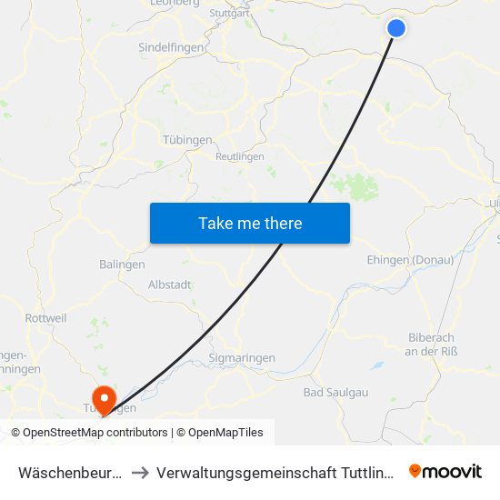 Wäschenbeuren to Verwaltungsgemeinschaft Tuttlingen map