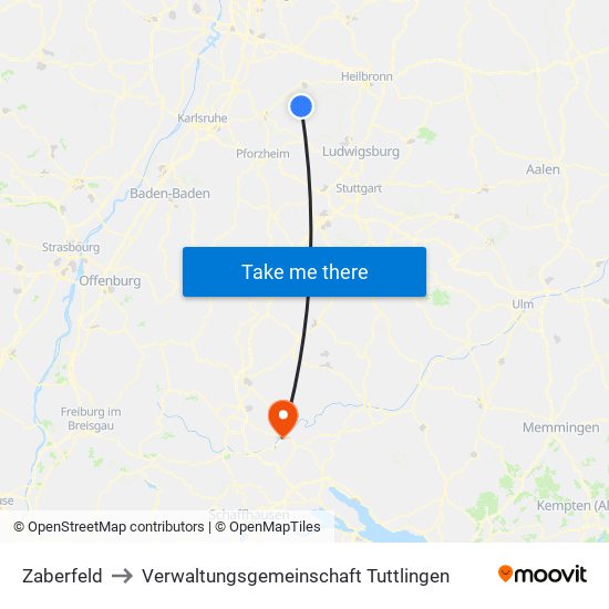 Zaberfeld to Verwaltungsgemeinschaft Tuttlingen map