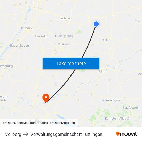 Vellberg to Verwaltungsgemeinschaft Tuttlingen map