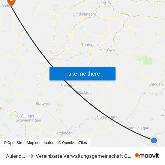 Aulendorf to Vereinbarte Verwaltungsgemeinschaft Gernsbach map