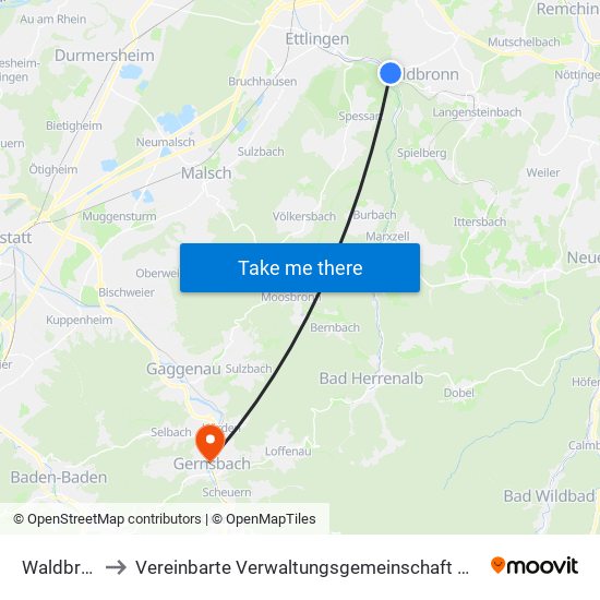 Waldbronn to Vereinbarte Verwaltungsgemeinschaft Gernsbach map