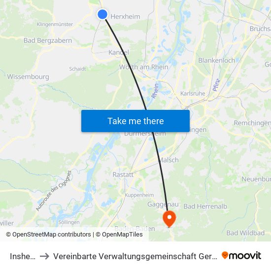 Insheim to Vereinbarte Verwaltungsgemeinschaft Gernsbach map