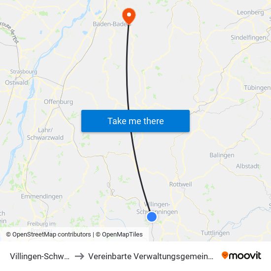 Villingen-Schwenningen to Vereinbarte Verwaltungsgemeinschaft Gernsbach map