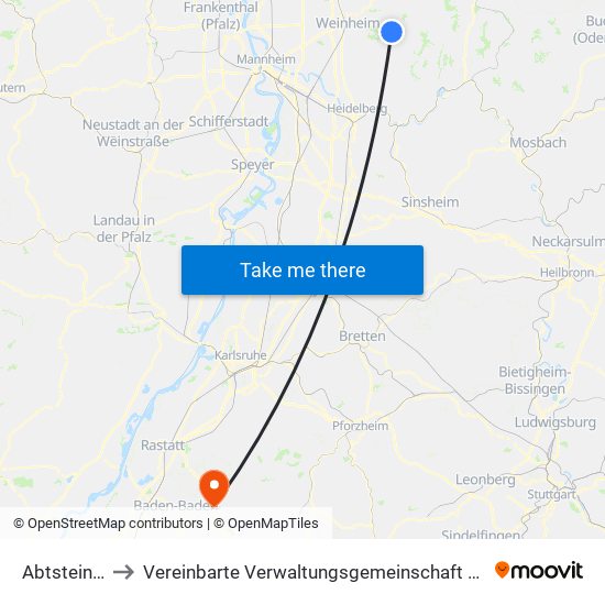 Abtsteinach to Vereinbarte Verwaltungsgemeinschaft Gernsbach map
