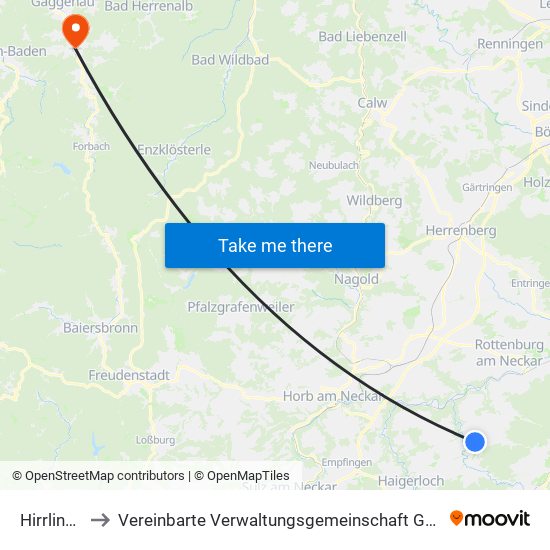 Hirrlingen to Vereinbarte Verwaltungsgemeinschaft Gernsbach map