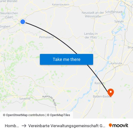 Homburg to Vereinbarte Verwaltungsgemeinschaft Gernsbach map
