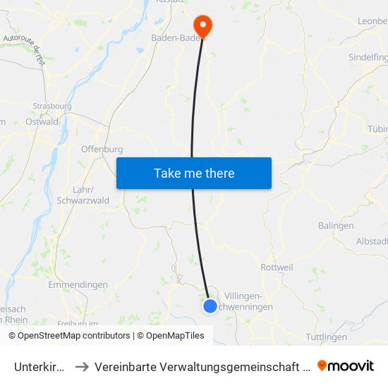 Unterkirnach to Vereinbarte Verwaltungsgemeinschaft Gernsbach map