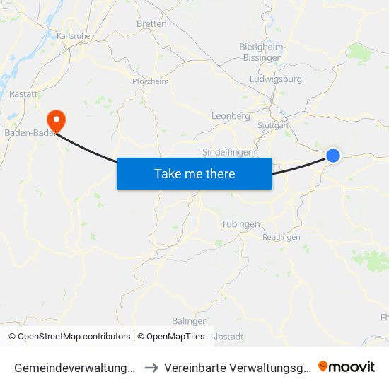 Gemeindeverwaltungsverband Plochingen to Vereinbarte Verwaltungsgemeinschaft Gernsbach map