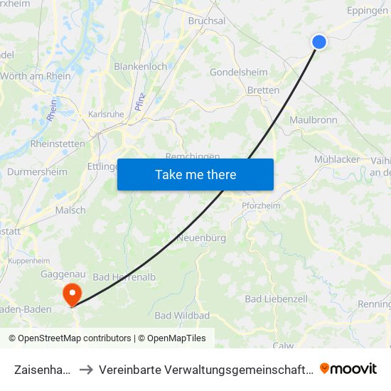 Zaisenhausen to Vereinbarte Verwaltungsgemeinschaft Gernsbach map