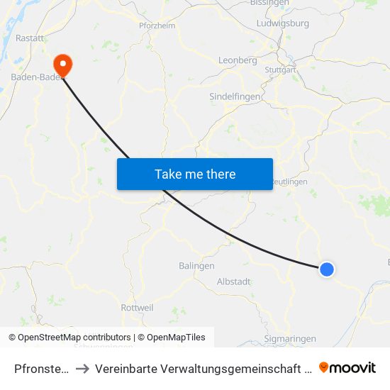 Pfronstetten to Vereinbarte Verwaltungsgemeinschaft Gernsbach map