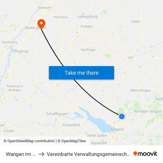 Wangen Im Allgäu to Vereinbarte Verwaltungsgemeinschaft Gernsbach map