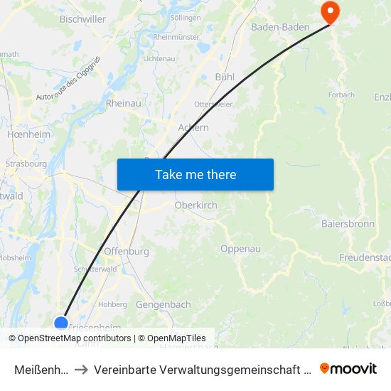 Meißenheim to Vereinbarte Verwaltungsgemeinschaft Gernsbach map