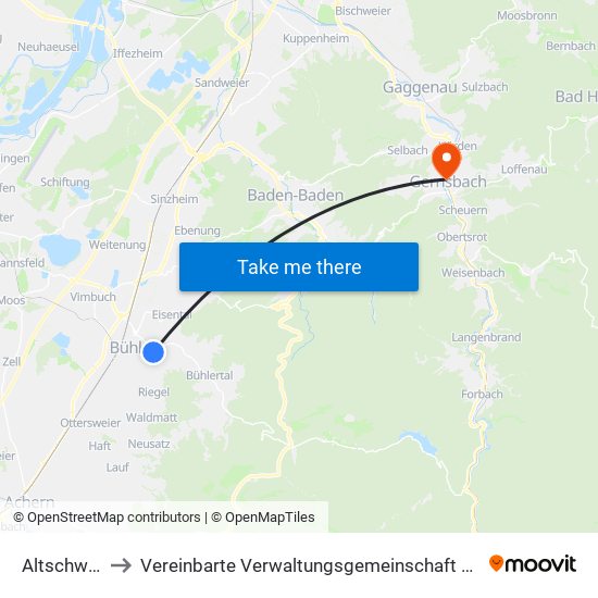 Altschweier to Vereinbarte Verwaltungsgemeinschaft Gernsbach map