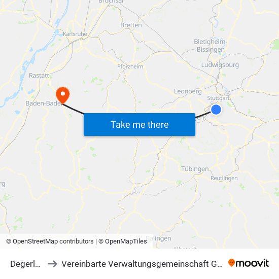 Degerloch to Vereinbarte Verwaltungsgemeinschaft Gernsbach map