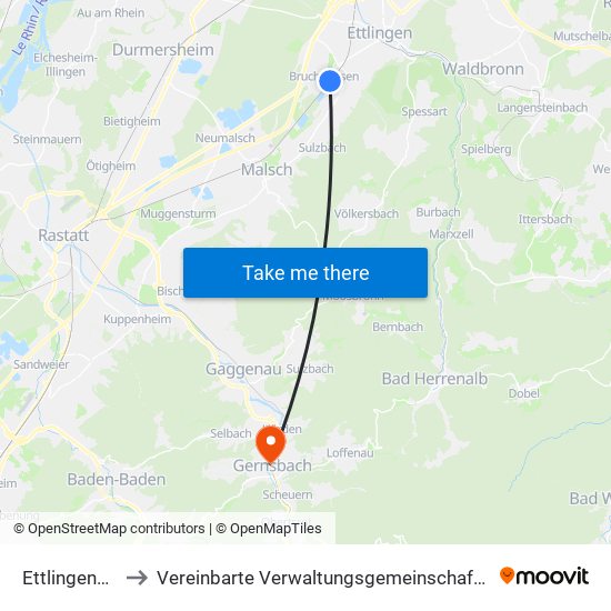 Ettlingenweier to Vereinbarte Verwaltungsgemeinschaft Gernsbach map