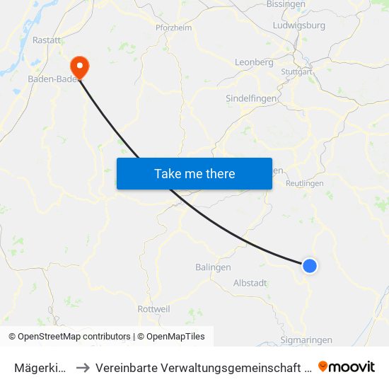 Mägerkingen to Vereinbarte Verwaltungsgemeinschaft Gernsbach map