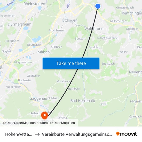 Hohenwettersbach to Vereinbarte Verwaltungsgemeinschaft Gernsbach map