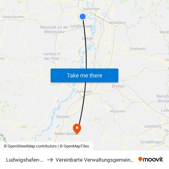 Ludwigshafen-Maudach to Vereinbarte Verwaltungsgemeinschaft Gernsbach map