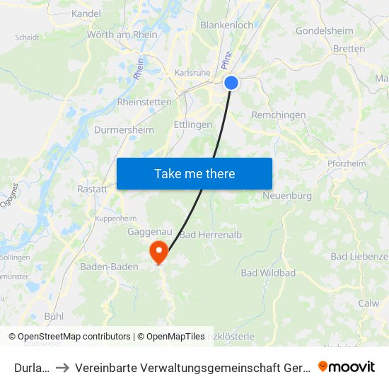 Durlach to Vereinbarte Verwaltungsgemeinschaft Gernsbach map