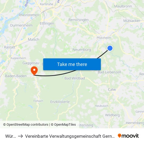 Würm to Vereinbarte Verwaltungsgemeinschaft Gernsbach map