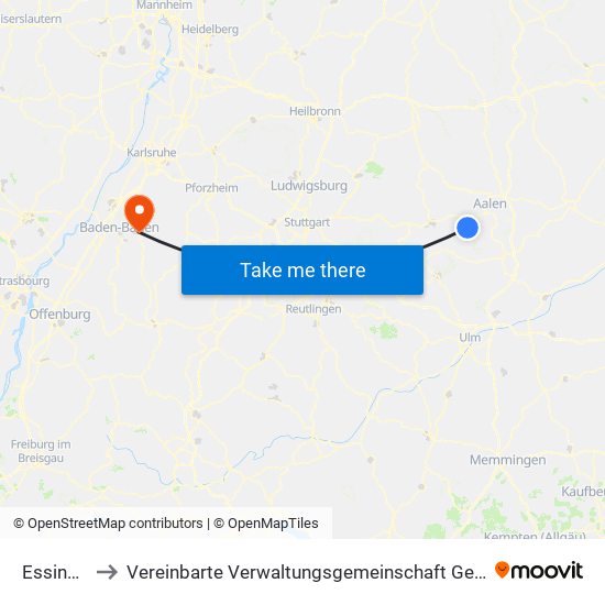 Essingen to Vereinbarte Verwaltungsgemeinschaft Gernsbach map