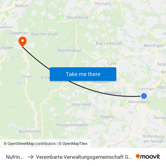 Nufringen to Vereinbarte Verwaltungsgemeinschaft Gernsbach map