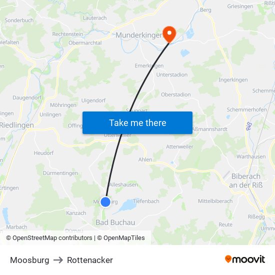 Moosburg to Rottenacker map