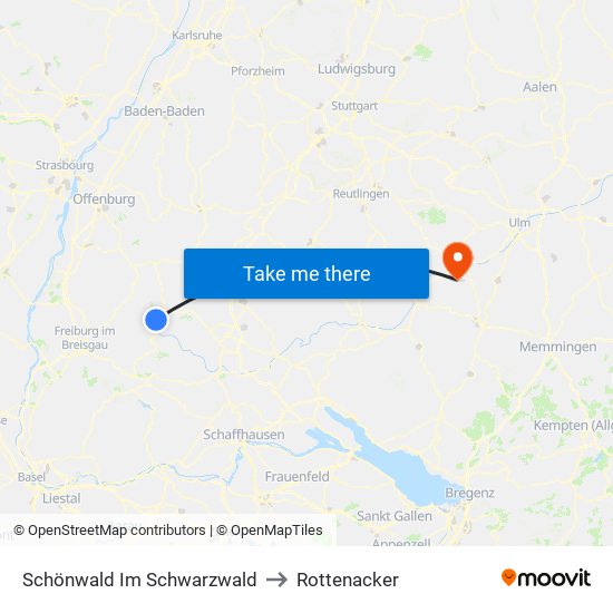 Schönwald Im Schwarzwald to Rottenacker map