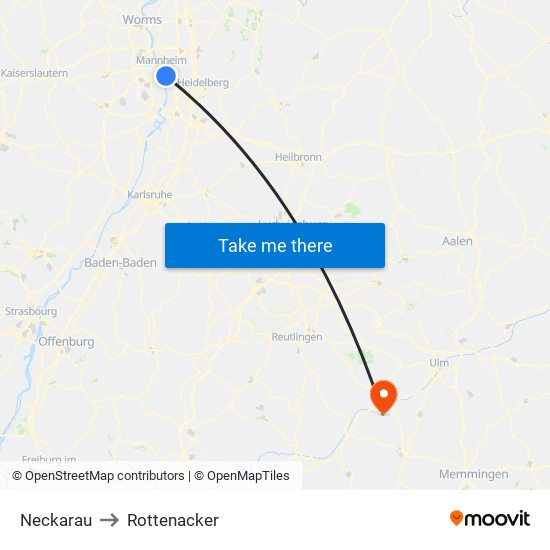 Neckarau to Rottenacker map