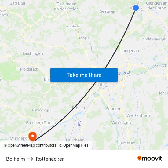 Bolheim to Rottenacker map