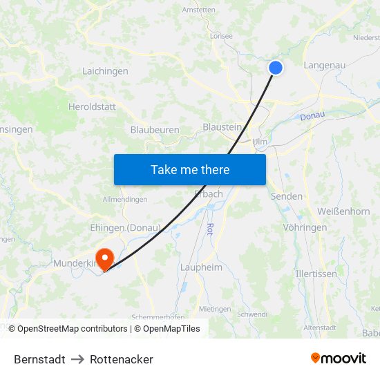 Bernstadt to Rottenacker map