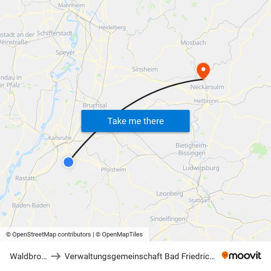 Waldbronn to Verwaltungsgemeinschaft Bad Friedrichshall map