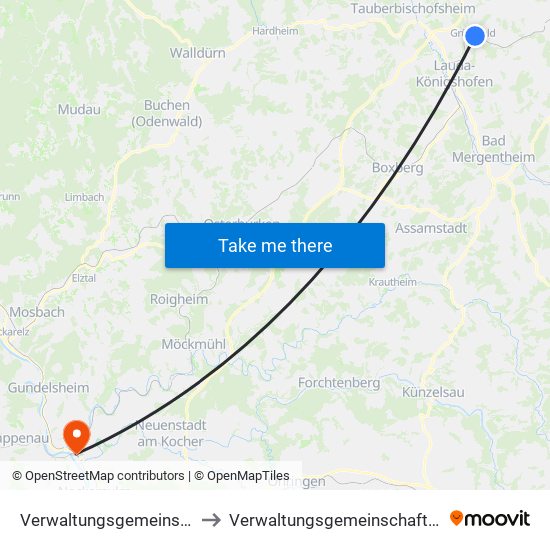 Verwaltungsgemeinschaft Grünsfeld to Verwaltungsgemeinschaft Bad Friedrichshall map