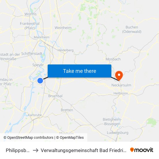 Philippsburg to Verwaltungsgemeinschaft Bad Friedrichshall map