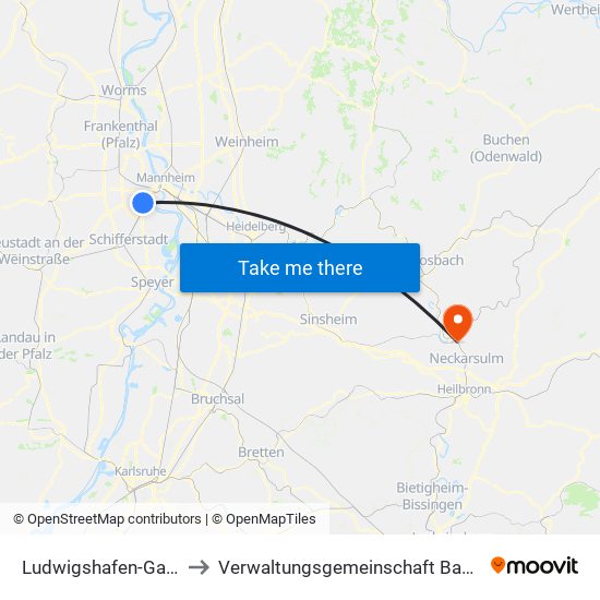 Ludwigshafen-Gartenstadt to Verwaltungsgemeinschaft Bad Friedrichshall map