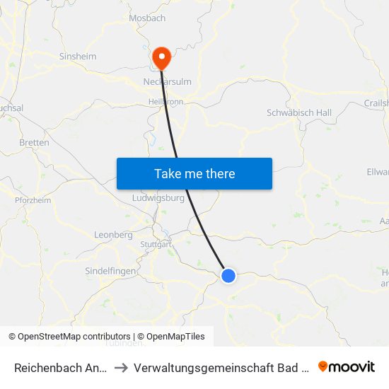 Reichenbach An Der Fils to Verwaltungsgemeinschaft Bad Friedrichshall map