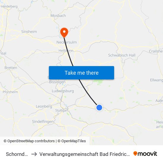 Schorndorf to Verwaltungsgemeinschaft Bad Friedrichshall map