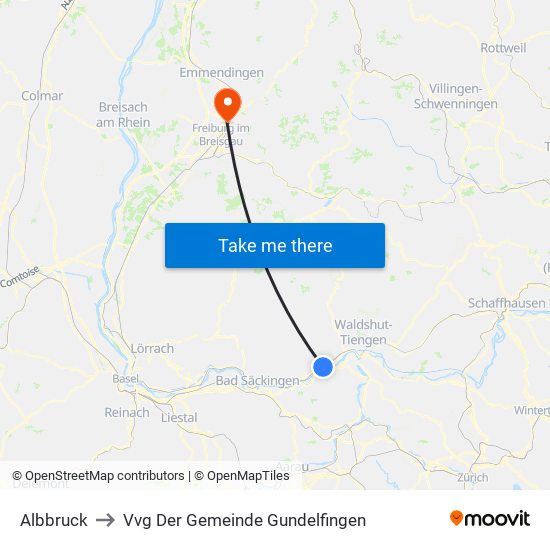Albbruck to Vvg Der Gemeinde Gundelfingen map