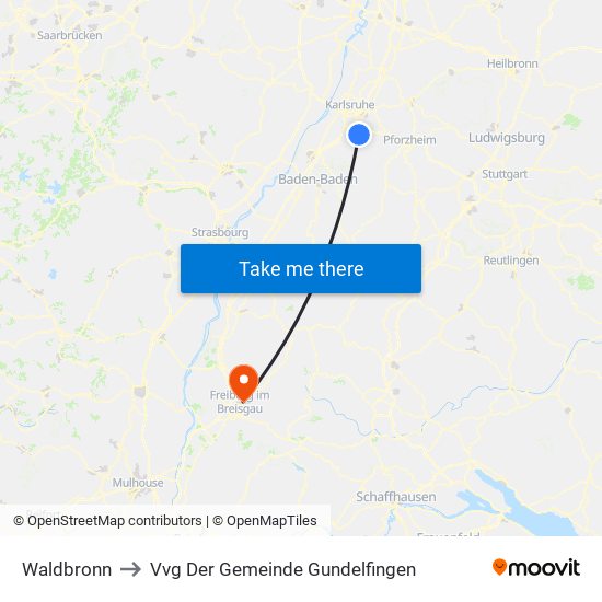 Waldbronn to Vvg Der Gemeinde Gundelfingen map