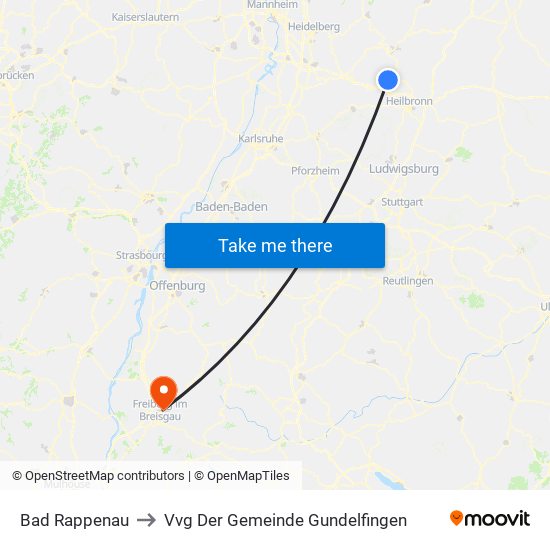 Bad Rappenau to Vvg Der Gemeinde Gundelfingen map