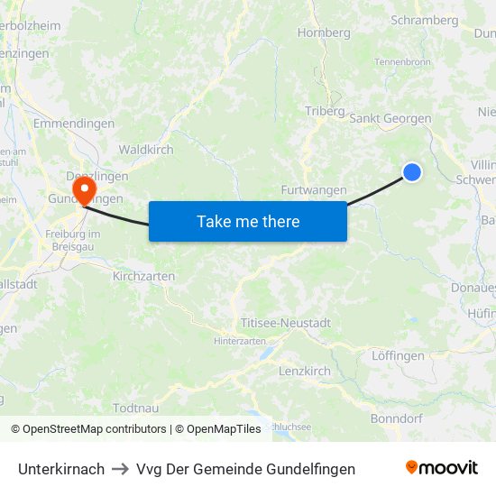 Unterkirnach to Vvg Der Gemeinde Gundelfingen map