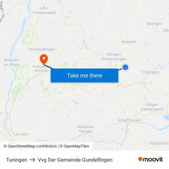 Tuningen to Vvg Der Gemeinde Gundelfingen map