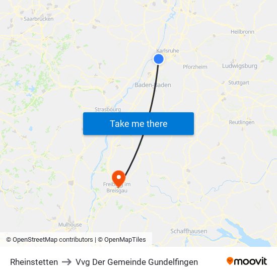 Rheinstetten to Vvg Der Gemeinde Gundelfingen map